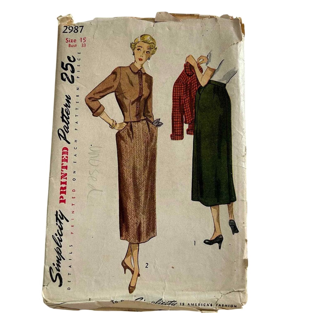 Simplicity #2987 Pattern Vintage 1950s Women Size 15 Skirt‎ and Jacket Set